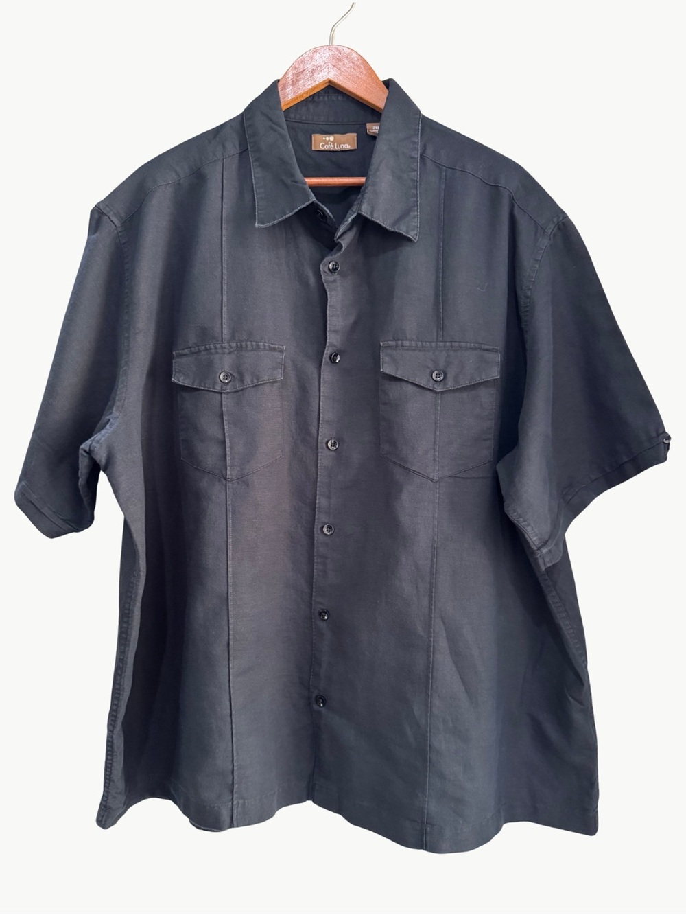 Linen Cotton Button Up Camp Shirt Relaxed Black 2XL Cafe Luna Casual Utility - Picture 2 of 10